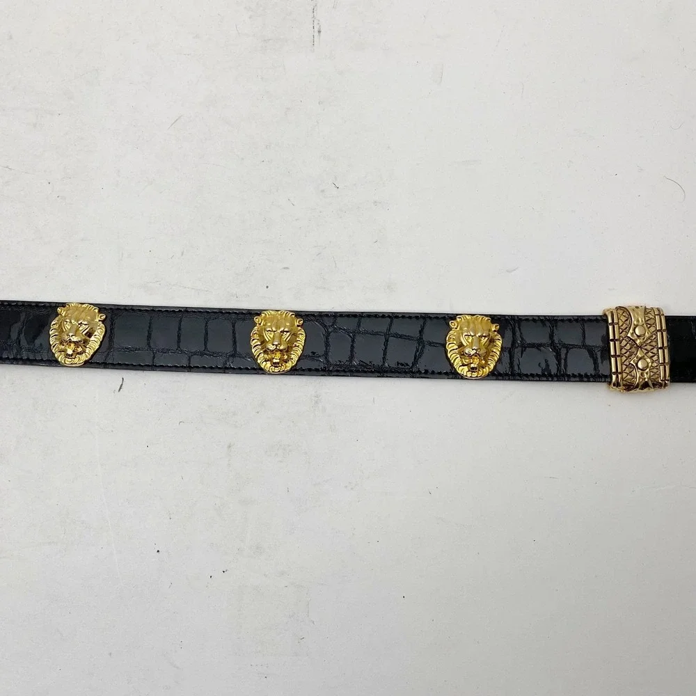 Vintage BB Simon Lion Head Belt Women 26 Black Gold Croc Embossed Patent Leather